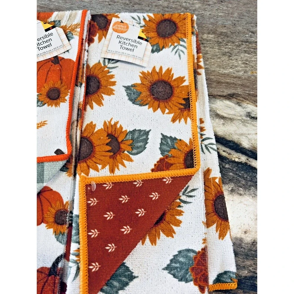 Perfect Harvest Reversible Kitchen Towels‎ Fall Sunflowers Pumpkins Lot of 5 BxG